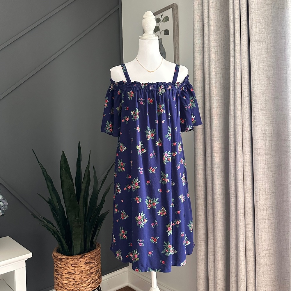 Peyton & Parker Off Shoulder Boho Style Blue and Pink Floral Dress Size Large